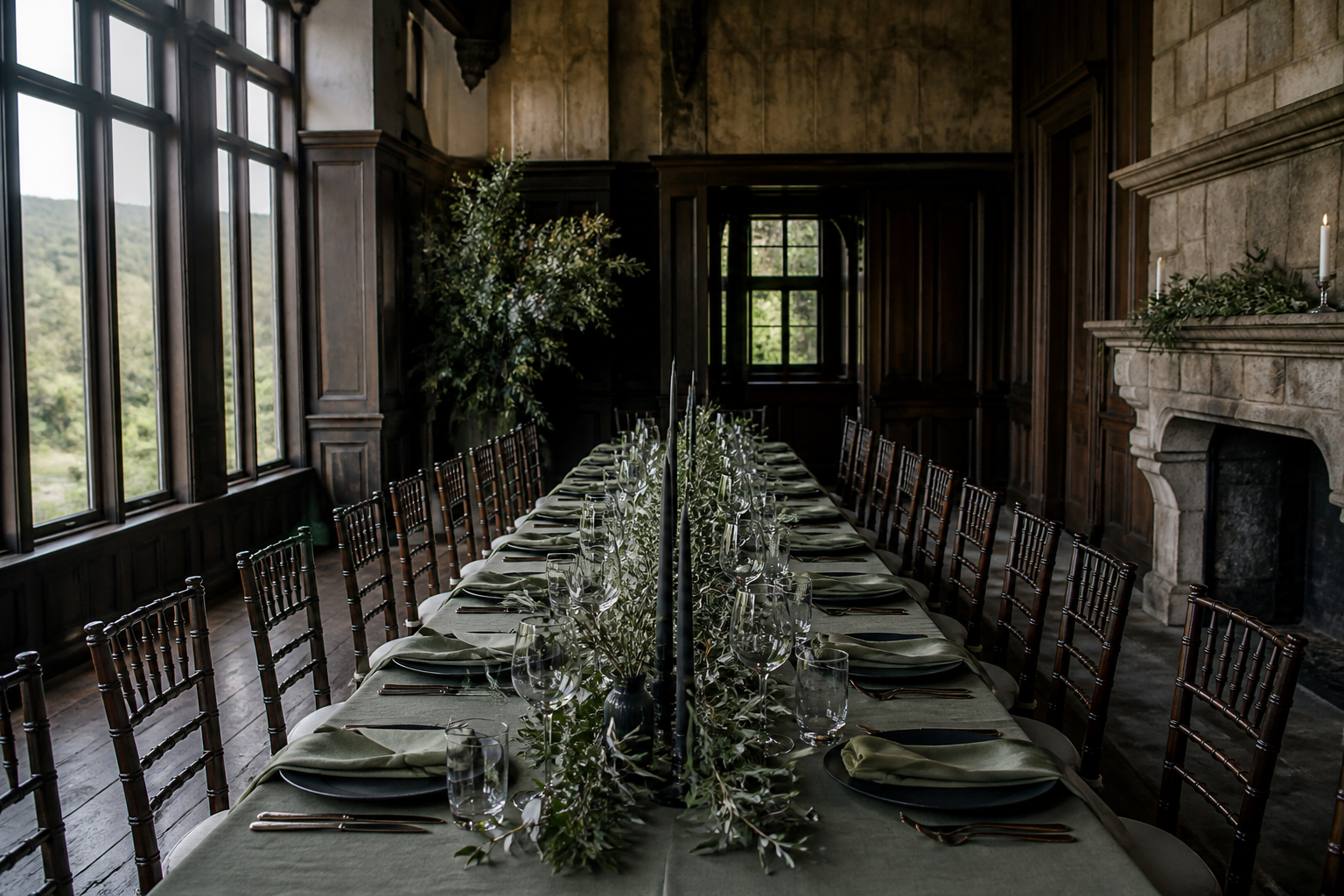 Sunlit wedding reception hall with a long banquet table